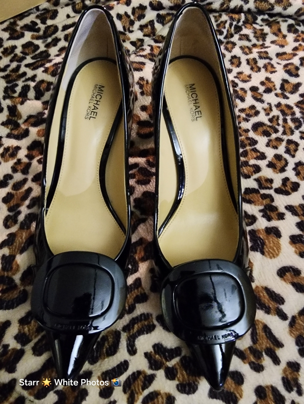 Michael Kors Glossy Black Pointed Toe Patent Pumps with Decorative Round Buckle